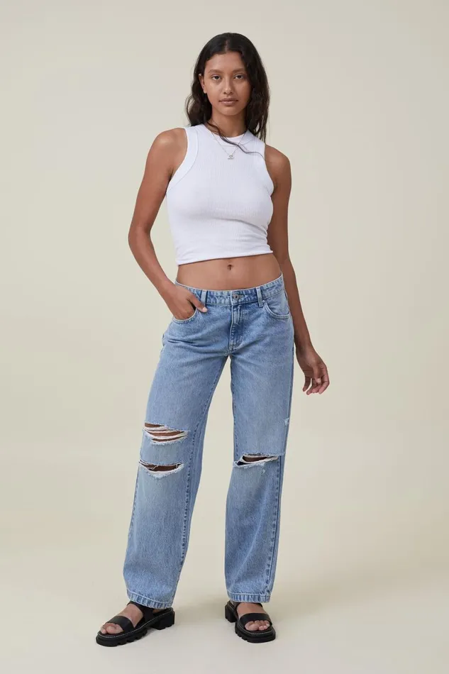 Women Jeans Cotton On Low Rise Straight Jean Bells Blue Rip