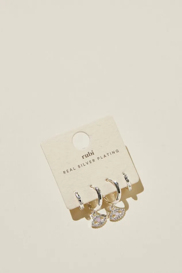 Women Jewelry Cotton On 2Pk Mid Earring Silver Plated Dia Evil Eye