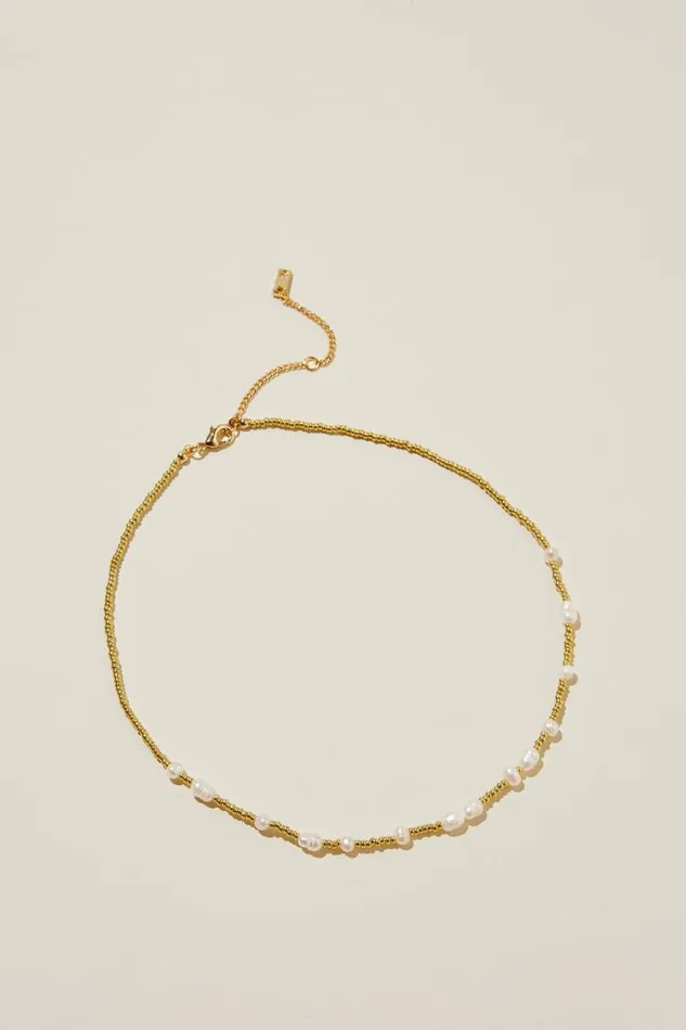 Women Jewelry Cotton On Beaded Necklace Gold Plated Gold Micro and Pearl