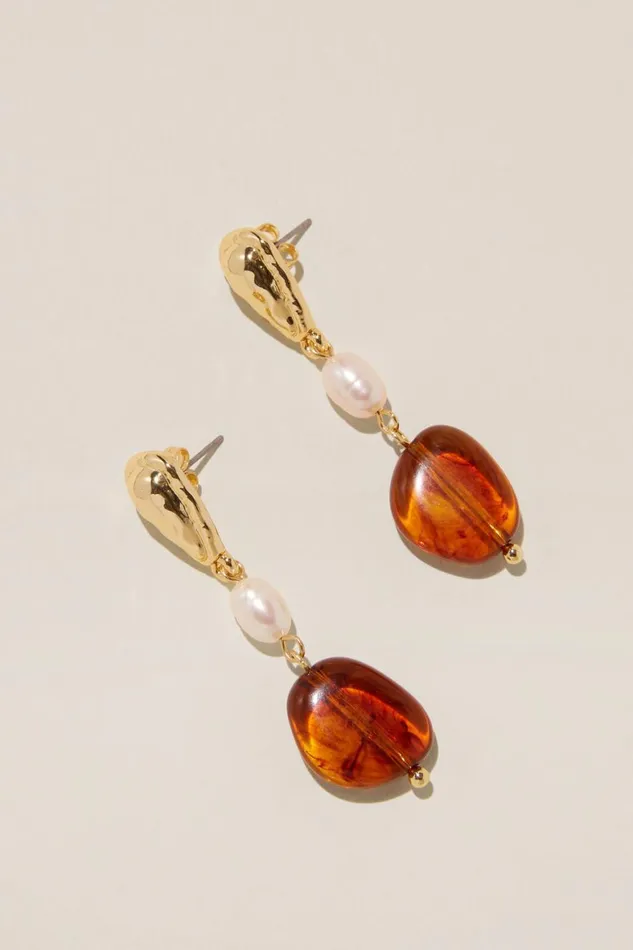 Women Jewelry Cotton On Mid Charm Earring Gold Plated Amber Pearl Drop