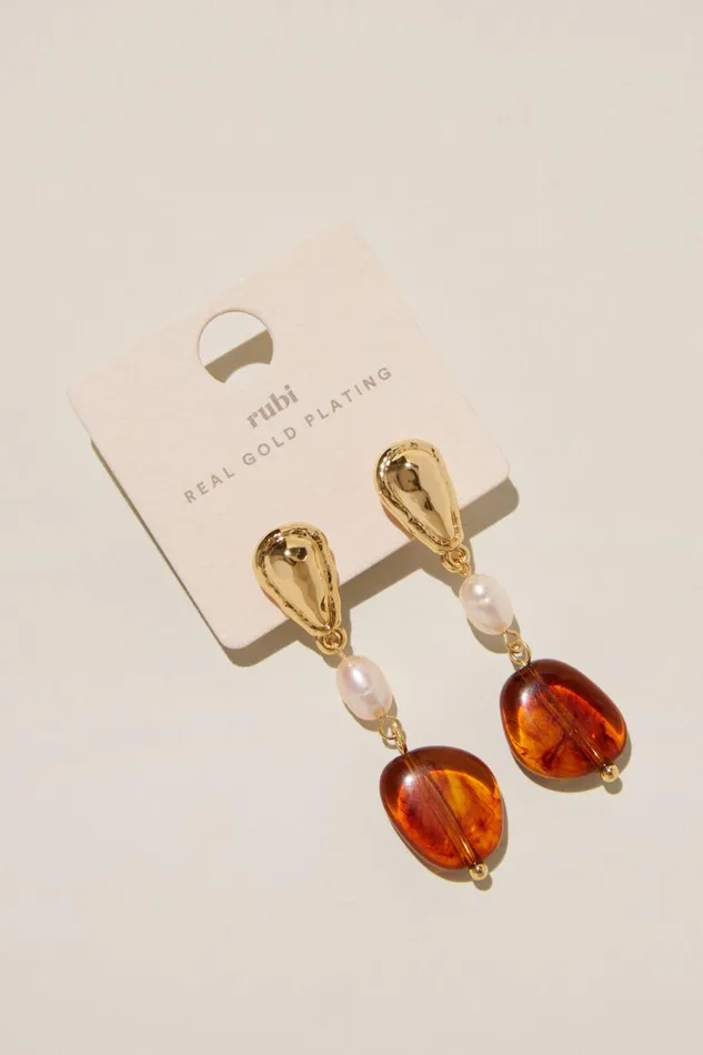Women Jewelry Cotton On Mid Charm Earring Gold Plated Amber Pearl Drop