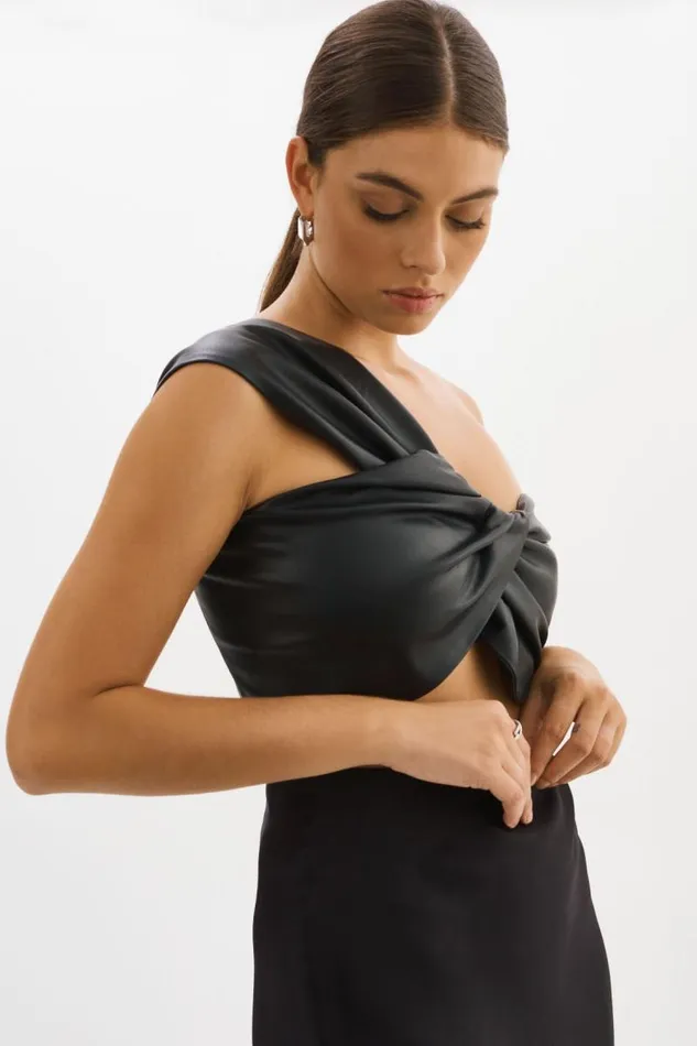 Women JOLIE Faux Leather One Shoulder Top Black LAMARQUE Tops Women JOLIE Faux Leather One Shoulder Top Black LAMARQUE Tops