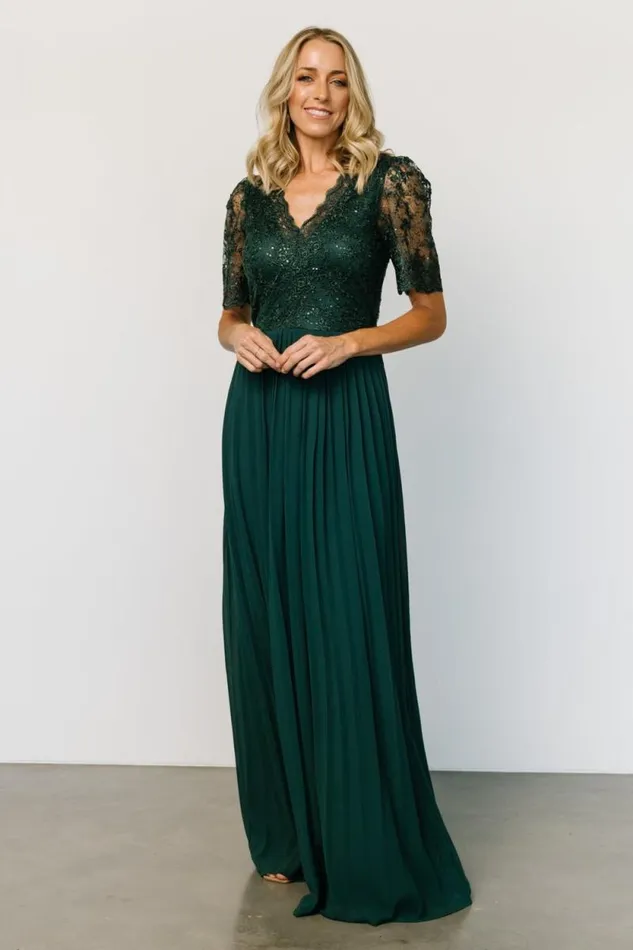 Women Josephine Pleated Maxi Dress Dark Green Baltic Born Embellished and Sequined