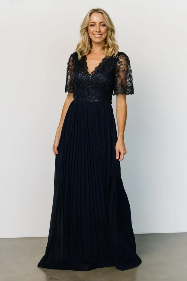 Women Josephine Pleated Maxi Dress Navy Baltic Born Embellished and Sequined