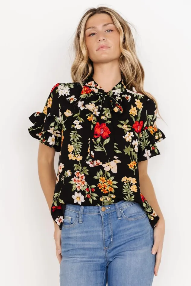 Women Judy Ruffle Sleeve Top Black Multi Baltic Born Blouses and Shirts Women Judy Ruffle Sleeve Top Black Multi Baltic Born Blouses and Shirts