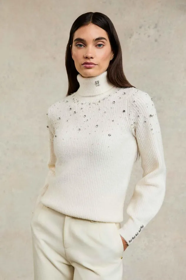 Women Kelsie Rib Embellished Roll Neck Natural Holland Cooper Knitwear