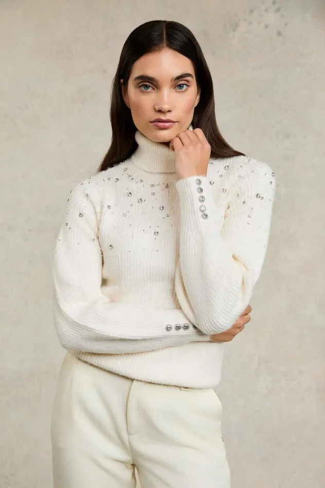 Women Kelsie Rib Embellished Roll Neck Natural Holland Cooper Knitwear Women Kelsie Rib Embellished Roll Neck Natural Holland Cooper Knitwear
