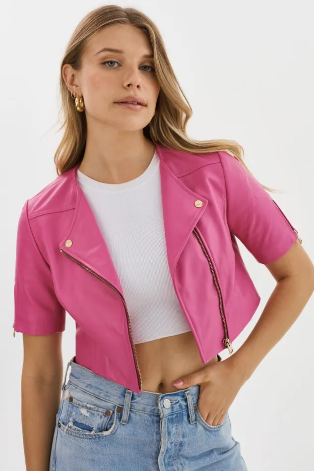 Women KIRSI GOLD Cropped Biker Jacket Super Pink LAMARQUE Leather Jackets Women KIRSI GOLD Cropped Biker Jacket Super Pink LAMARQUE Leather Jackets