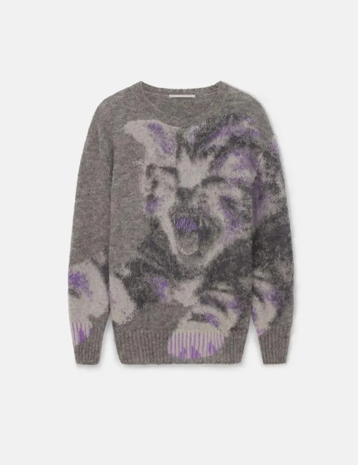 Women Kitten Graphic Knit Sweater Grey White And Purple Stella McCartney Knitwear