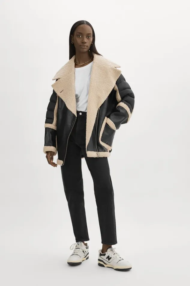 Women LISA Oversized Mixed Media Cocoon Jacket Blackecru LAMARQUE Leather Jackets