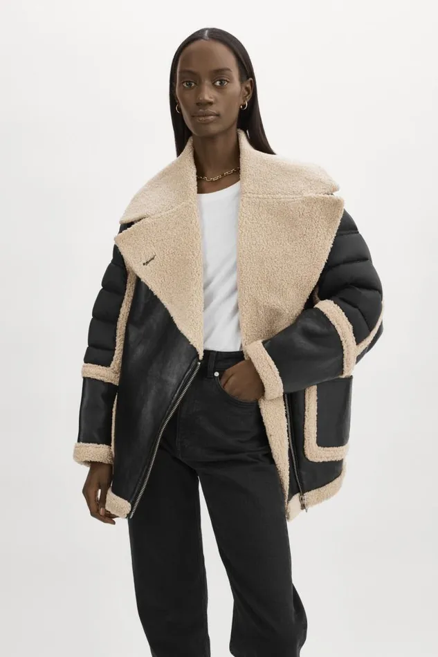 Women LISA Oversized Mixed Media Cocoon Jacket Blackecru LAMARQUE Puffers