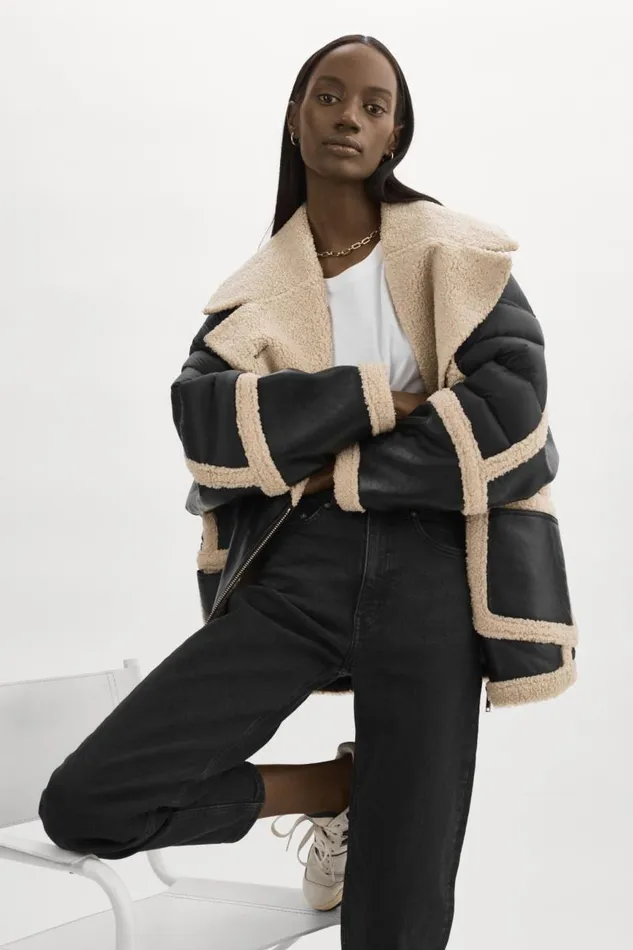 Women LISA Oversized Mixed Media Cocoon Jacket Blackecru LAMARQUE Puffers Women LISA Oversized Mixed Media Cocoon Jacket Blackecru LAMARQUE Puffers