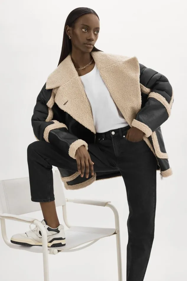 Women LISA Oversized Mixed Media Cocoon Jacket Blackecru LAMARQUE Puffers Women LISA Oversized Mixed Media Cocoon Jacket Blackecru LAMARQUE Puffers