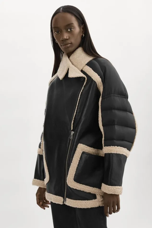 Women LISA Oversized Mixed Media Cocoon Jacket Blackecru LAMARQUE Puffers Women LISA Oversized Mixed Media Cocoon Jacket Blackecru LAMARQUE Puffers