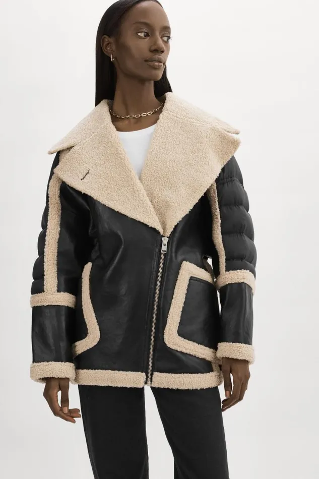 Women LISA Oversized Mixed Media Cocoon Jacket Blackecru LAMARQUE Puffers Women LISA Oversized Mixed Media Cocoon Jacket Blackecru LAMARQUE Puffers