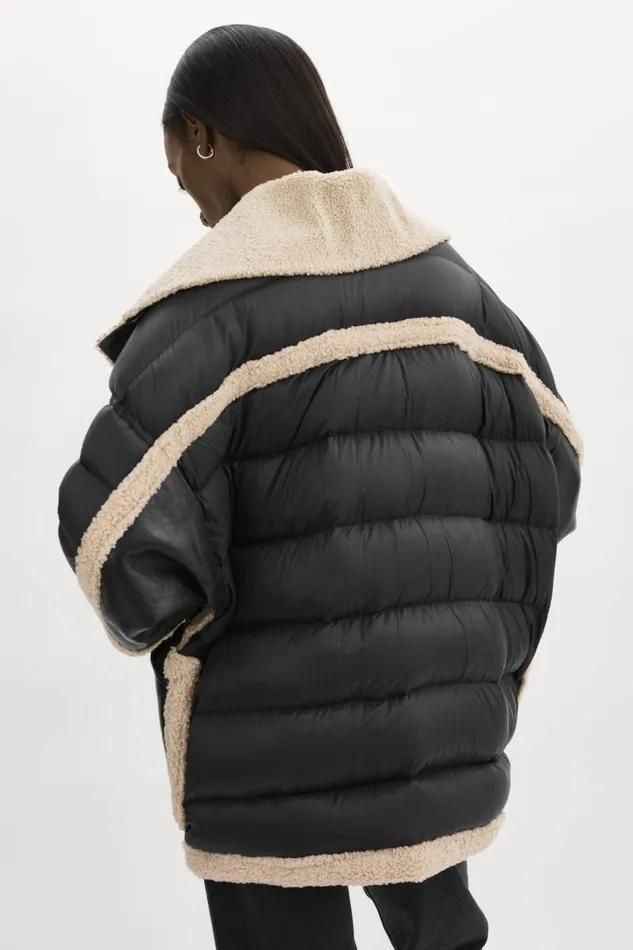 Women LISA Oversized Mixed Media Cocoon Jacket Blackecru LAMARQUE Puffers Women LISA Oversized Mixed Media Cocoon Jacket Blackecru LAMARQUE Puffers