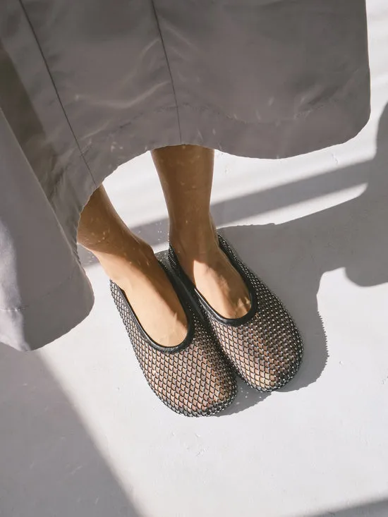 Women Lisa Says Gah Lorain Mesh Glow Black Leather Ballet Flats Black Shoes