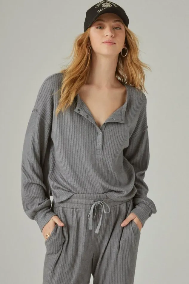 Women Lucky Brand Activewear Cloud Rib Henley Top Medium Heather Grey