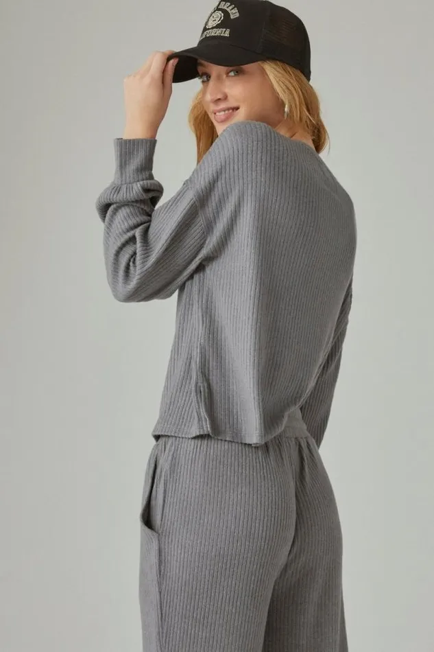 Women Lucky Brand Activewear Cloud Rib Henley Top Medium Heather Grey