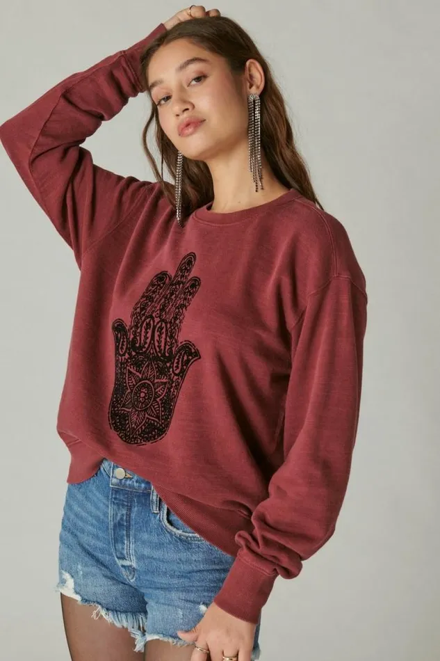 Women Lucky Brand Activewear Hamsa Hand Pullover Burgundy