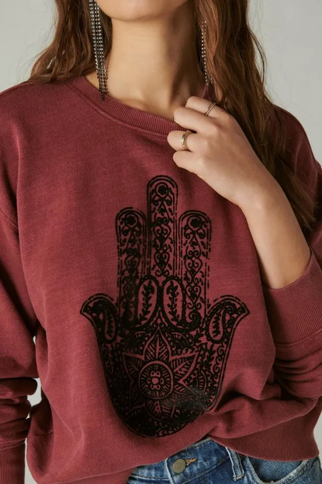 Women Lucky Brand Activewear Hamsa Hand Pullover Burgundy
