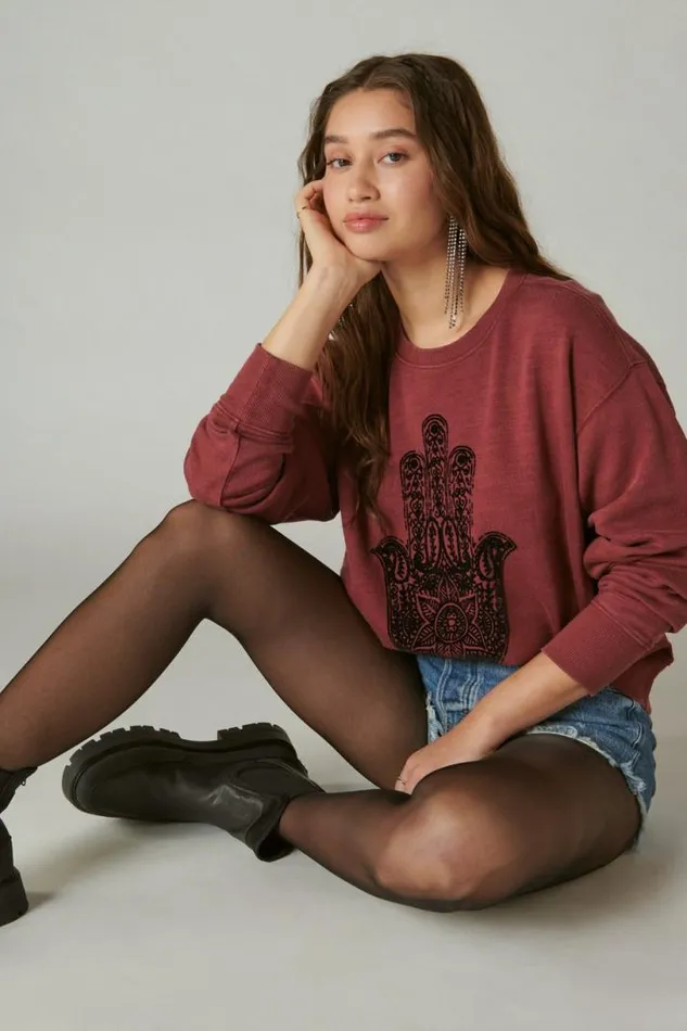 Women Lucky Brand Activewear Hamsa Hand Pullover Burgundy