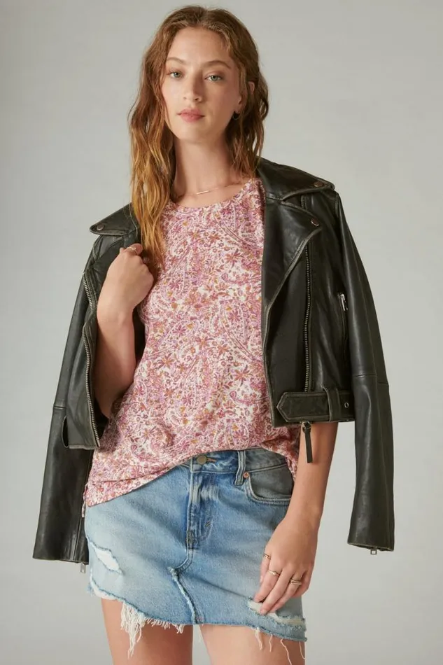 Women Lucky Brand All Tops Classic Crew Pink Combo