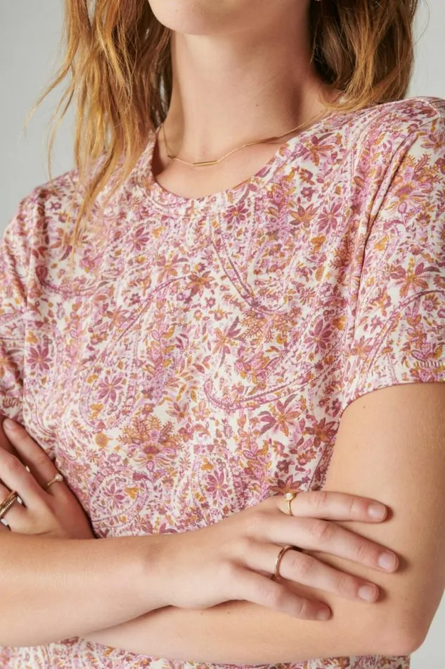 Women Lucky Brand All Tops Classic Crew Pink Combo