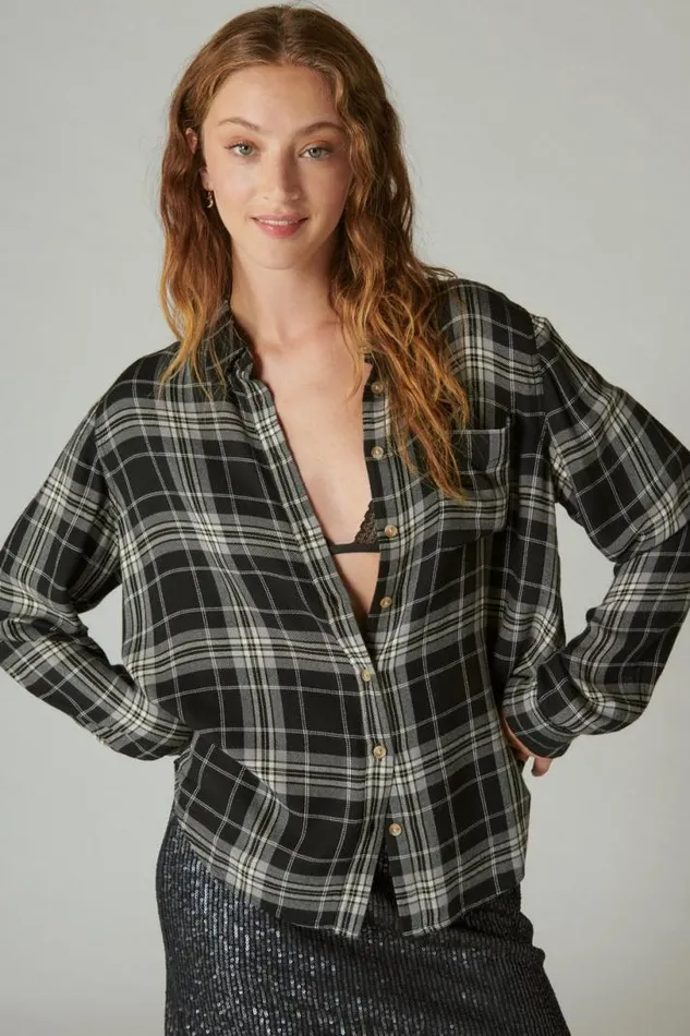 Women Lucky Brand All Tops Cloud Plaid Boyfriend Flannel Shirt Black Plaid