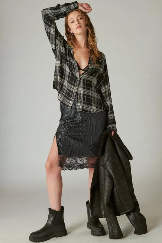 Women Lucky Brand All Tops Cloud Plaid Boyfriend Flannel Shirt Black Plaid
