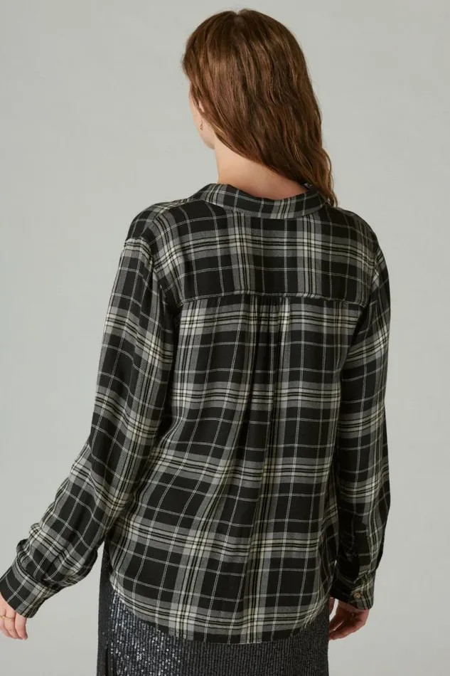 Women Lucky Brand All Tops Cloud Plaid Boyfriend Flannel Shirt Black Plaid