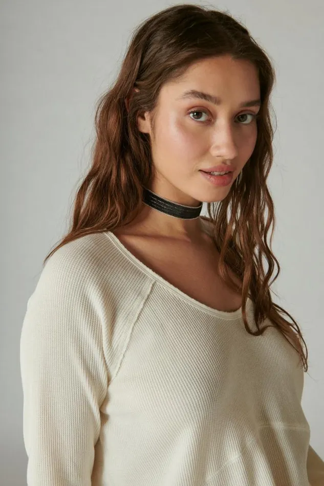 Women Lucky Brand All Tops Oversized V Neck Waffle Thermal Egret