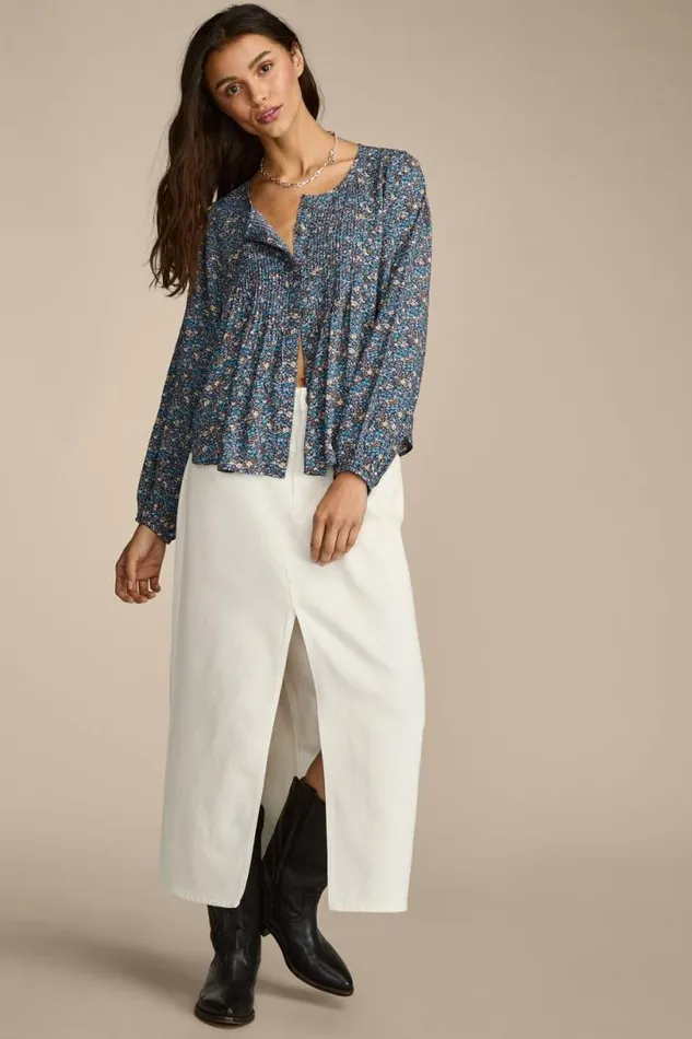 Women Lucky Brand All Tops Printed Button Down Pintuck Top Indigo Multi