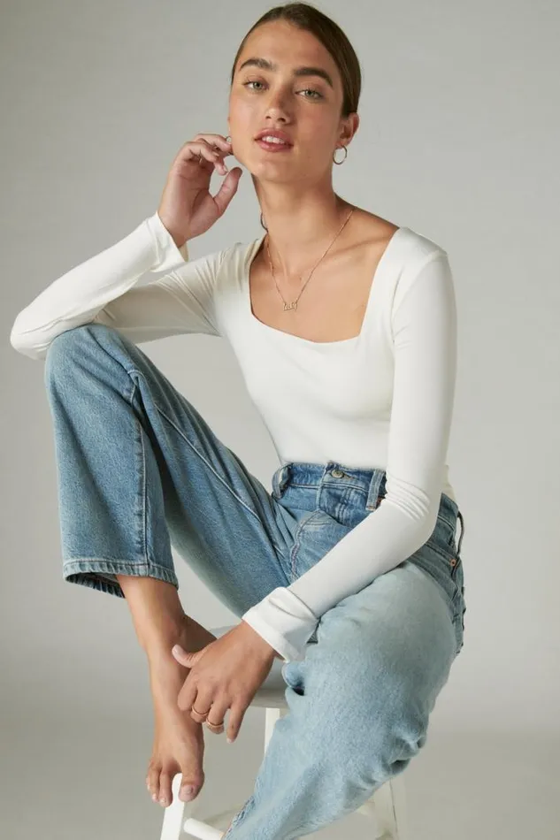Women Lucky Brand All Tops Square Neck Long Sleeve Bodysuit Cream