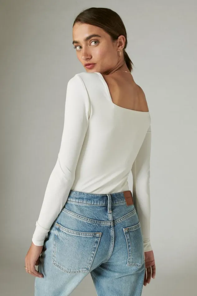 Women Lucky Brand All Tops Square Neck Long Sleeve Bodysuit Cream