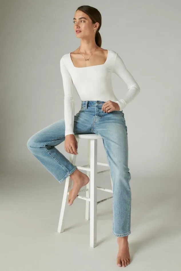 Women Lucky Brand All Tops Square Neck Long Sleeve Bodysuit Cream