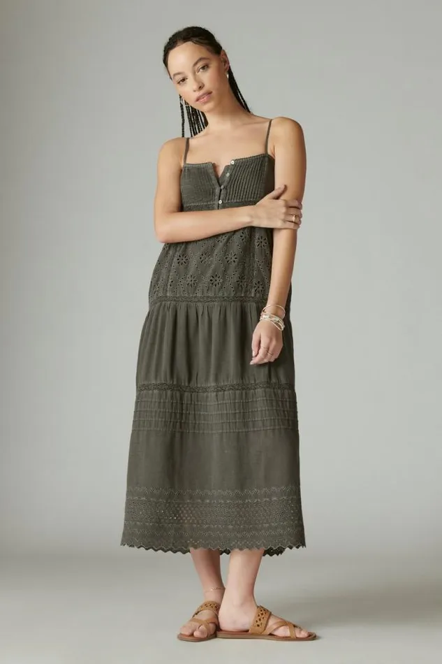 Women Lucky Brand Dresses Cutwork Paneled Maxi Dress Raven