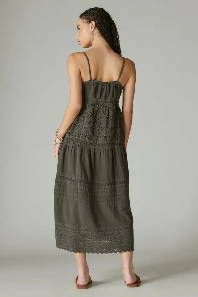 Women Lucky Brand Dresses Cutwork Paneled Maxi Dress Raven