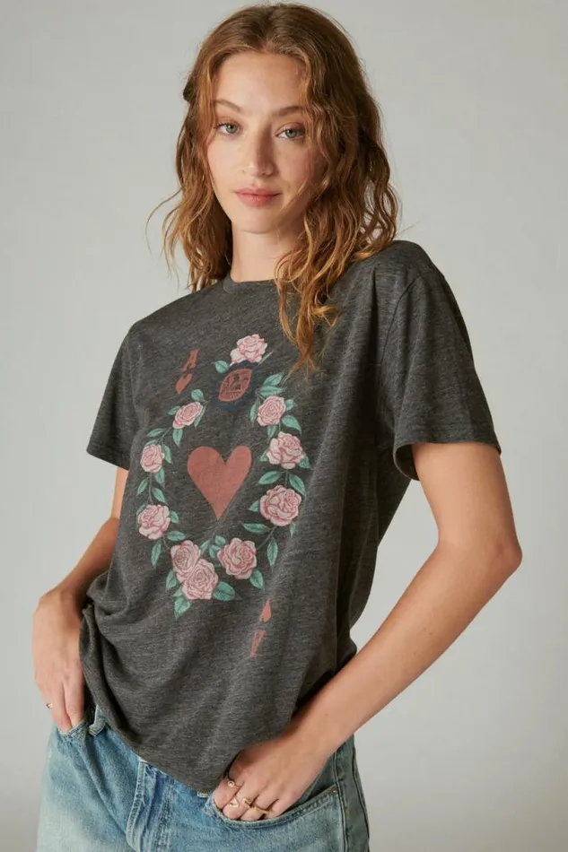 Women Lucky Brand Graphic Tees Ace Boyfriend Tee Heather Greycharcoal