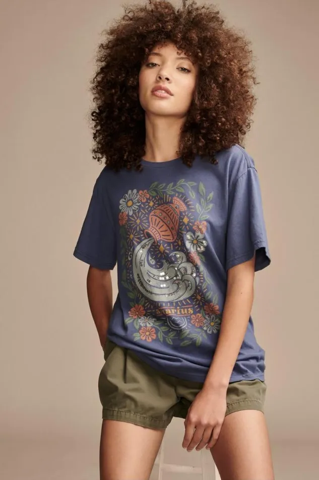 Women Lucky Brand Graphic Tees Aquarius Boyfriend Tee Washed Blue