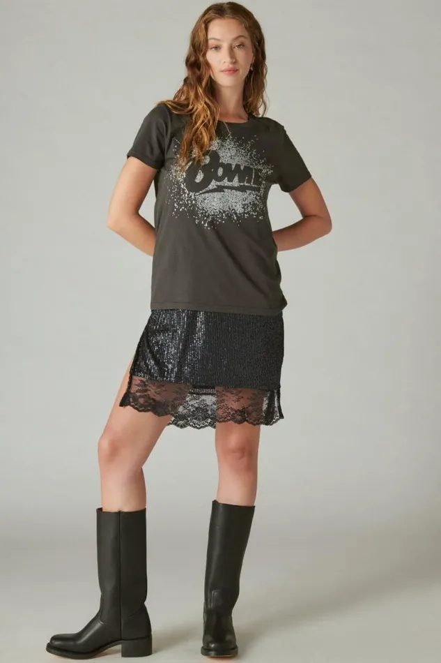 Women Lucky Brand Graphic Tees Bowie Sparkle Classic Crew Jet Black