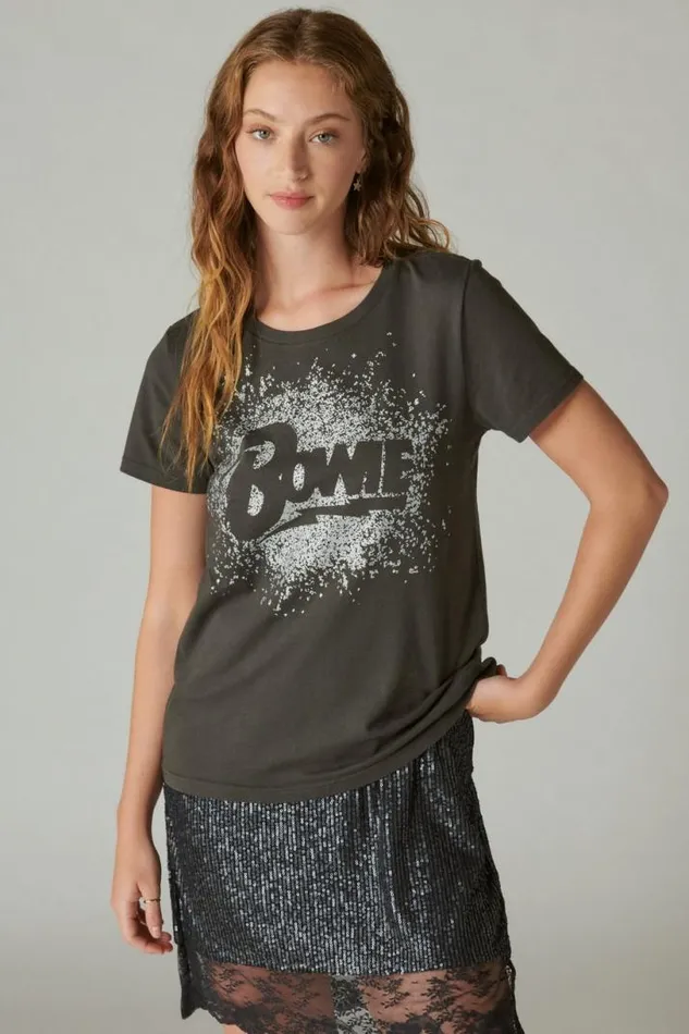Women Lucky Brand Graphic Tees Bowie Sparkle Classic Crew Jet Black