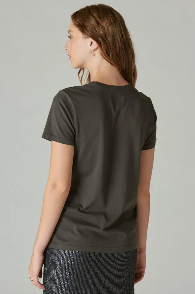 Women Lucky Brand Graphic Tees Bowie Sparkle Classic Crew Jet Black