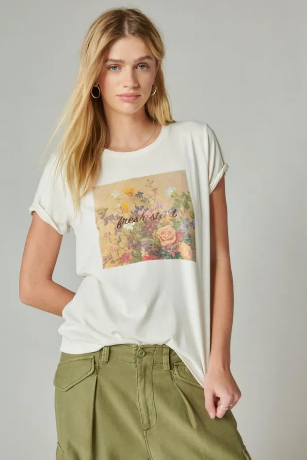 Women Lucky Brand Graphic Tees Fresh Start Classic Crew Bone White