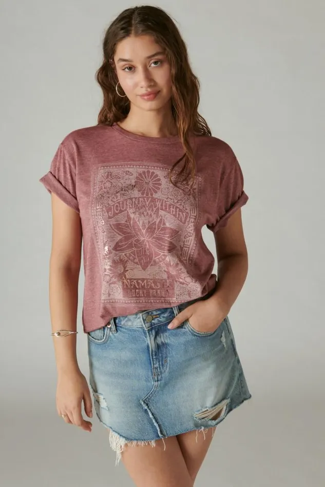 Women Lucky Brand Graphic Tees Journey Within Boyfriend Tee Burgundy