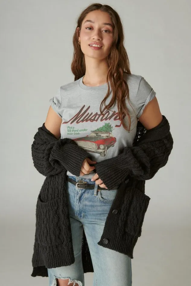 Women Lucky Brand Graphic Tees Mustang With Tree Classic Crew Light Heather Gray