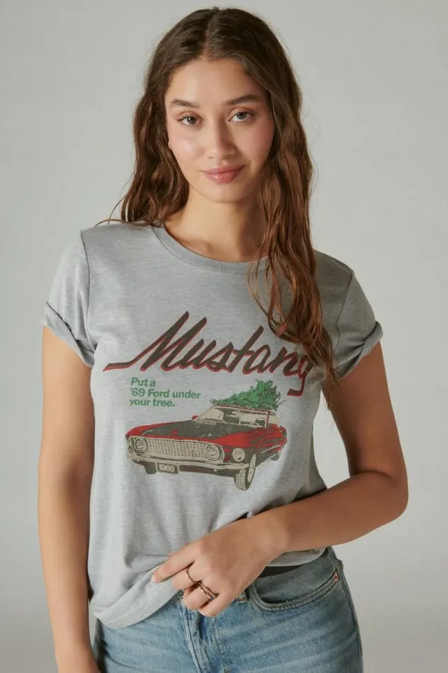 Women Lucky Brand Graphic Tees Mustang With Tree Classic Crew Light Heather Gray