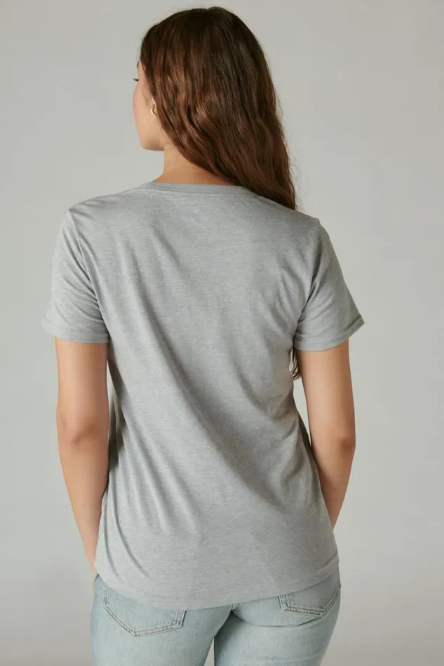 Women Lucky Brand Graphic Tees Mustang With Tree Classic Crew Light Heather Gray