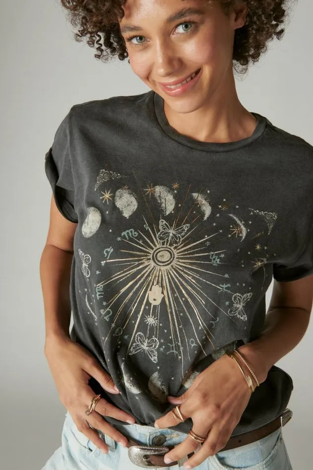 Women Lucky Brand Graphic Tees Sun Boyfriend Tee Jet Black