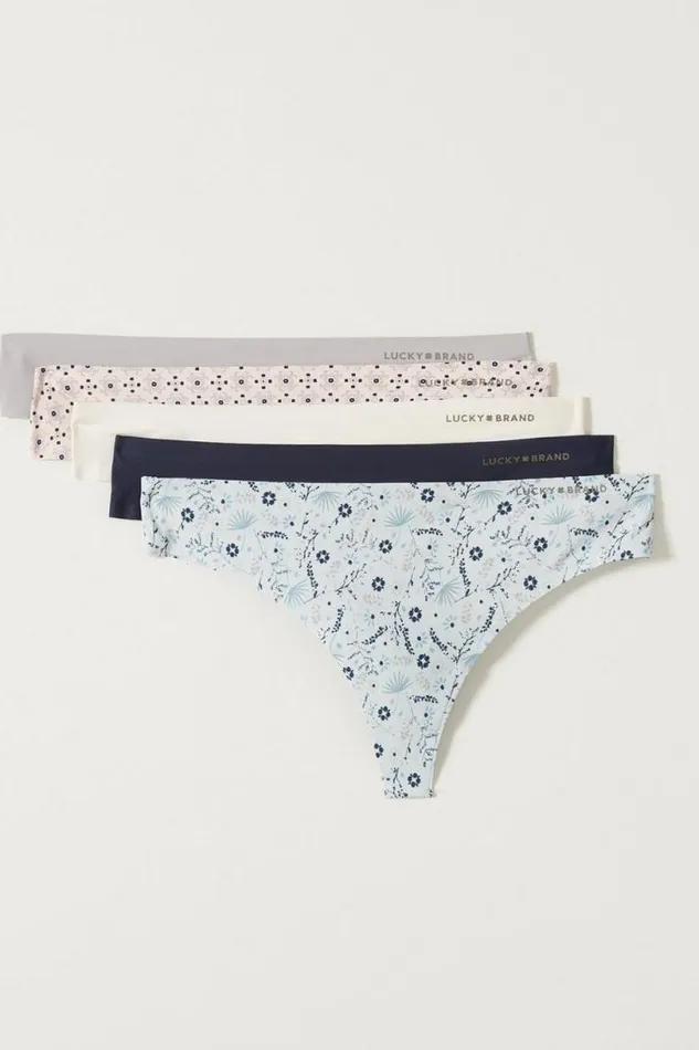 Women Lucky Brand Intimates and Sleepwear Lucky Printed Thong 5 Pk Open Whitenatural
